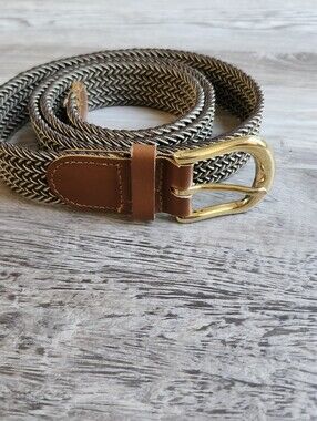 Braided Stretch Belt Mens 34-36 Brown Beige Gold Buckle Leather Trim New
